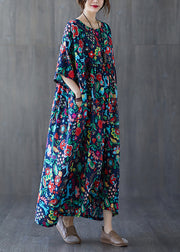 Natural Blue O-Neck Print Wrinkled Cotton Long Dresses Summer