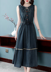 Natural Blue O-Neck drawstring elastic waist Cotton Ankle Dress Spring