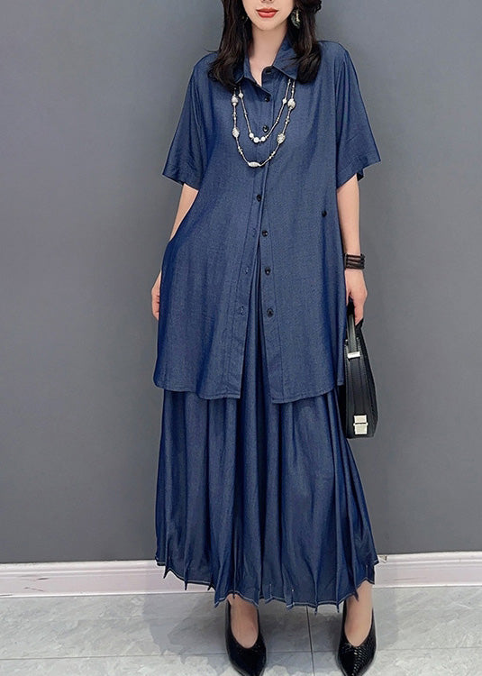 Natural Blue Peter Pan Collar Button Solid Shirts And Maxi Skirts Two Piece Set Summer