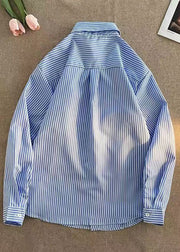 Natural Blue Peter Pan Collar Patchwork Cotton Shirt Fall