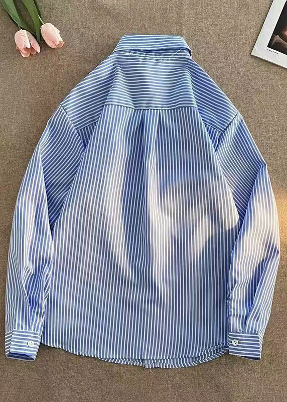Natural Blue Peter Pan Collar Patchwork Cotton Shirt Fall
