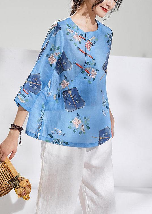 Natural Blue Print Oriental Summer Ramie Shirt - SooLinen