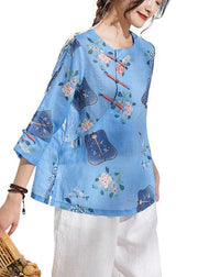 Natural Blue Print Oriental Summer Ramie Shirt - SooLinen
