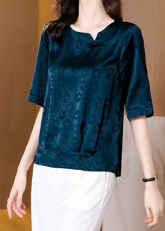 Natural Blue Print Patchwork Oriental Button Silk Tops Summer