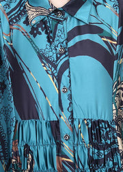 Natural Blue Print Silk Half Sleeve Dress Summer - SooLinen