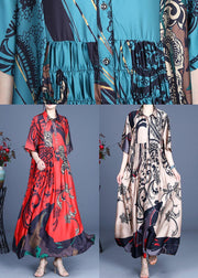Natural Blue Print Silk Half Sleeve Dress Summer - SooLinen