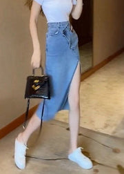 Natural Blue Sashes Patchwork High Waist Denim Maxi Skirts
