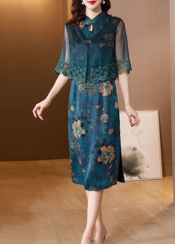 Natural Blue Stand Collar Patchwork Embroidered Silk Maxi Dress Summer