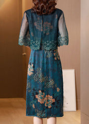 Natural Blue Stand Collar Patchwork Embroidered Silk Maxi Dress Summer