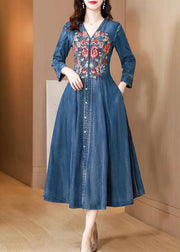 Natural Blue V Neck Embroidered Patchwork Denim Dress Long Sleeve