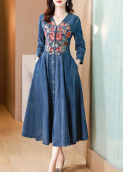 Natural Blue V Neck Embroidered Patchwork Denim Dress Long Sleeve