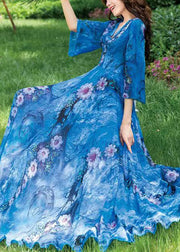 Natural Blue V Neck Print Chiffon Long Holiday Dress Long Sleeve