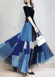 Natural Blue Wrinkled Patchwork Tulle Skirts Spring