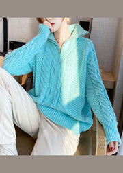 Natural Blue Zip Up cozy Knitted Tops Spring