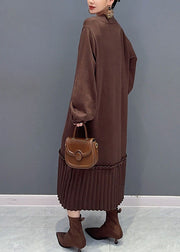 Natural Brown V Neck Patchwork Knit Maxi Sweater Dress Fall