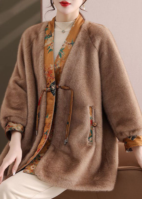 Natural Camel V Neck Patchwork Oriental Button Mink Velvet Outwear Winter