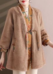 Natural Camel V Neck Patchwork Oriental Button Mink Velvet Outwear Winter