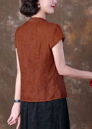 Natural Caramel V Neck Tasseled Patchwork Silk T Shirts Summer
