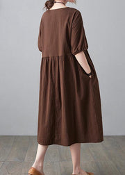 Natural Chocolate Patchwork Short Sleeve Maxi Dresses Summer - SooLinen
