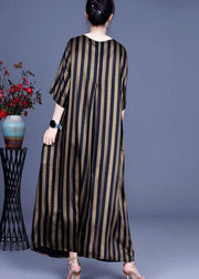 Natural Chocolate Striped O-Neck Summer Silk Party Dress - SooLinen