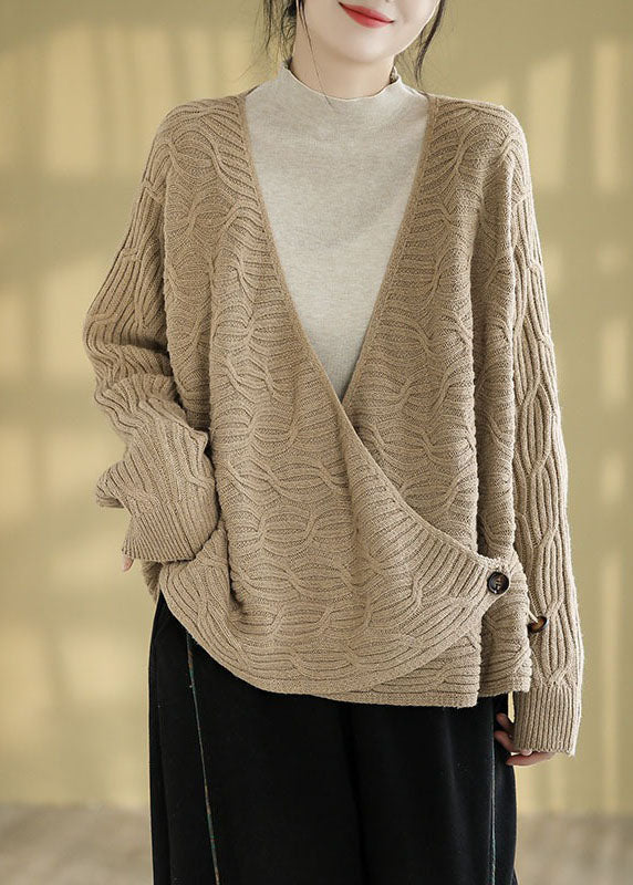 Natural Cocoa V Neck Cozy Knitted Cotton Sweaters Fall