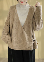 Natural Cocoa V Neck Cozy Knitted Cotton Sweaters Fall