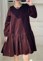 Natural Burgundy O-Neck Velour Casual Dress Winter