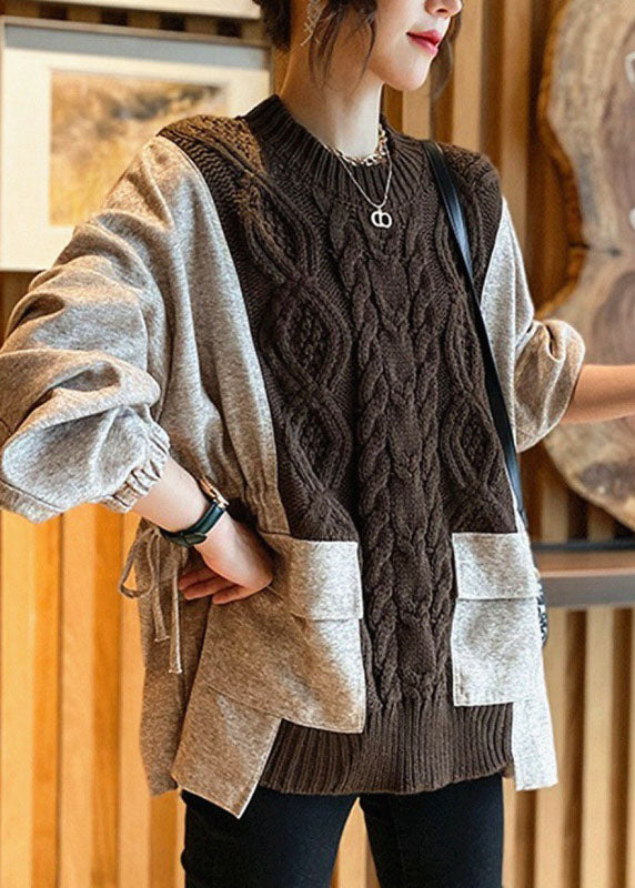 Natural Chocolate Patchwork Pockets Cinched Thick Fall Knit Sweater