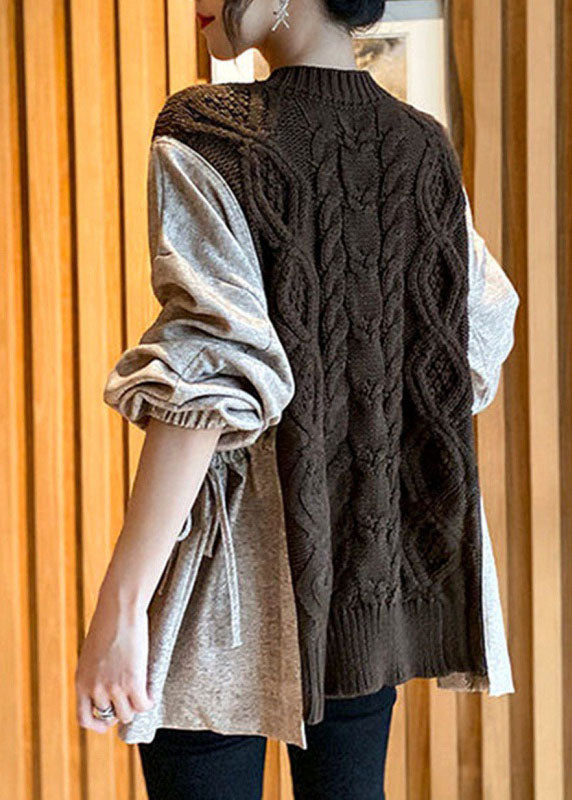 Natural Chocolate Patchwork Pockets Cinched Thick Fall Knit Sweater