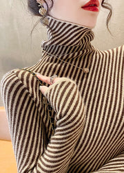 Natural Chocolate Stand Collar Striped Warm Fleece Knit Sweater Bottoming Shirt