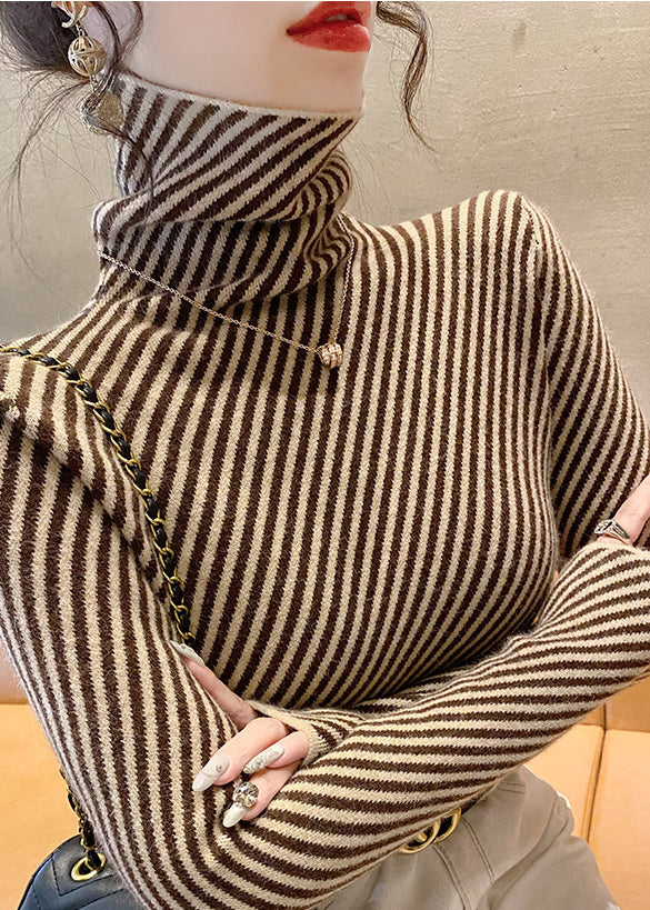 Natural Chocolate Stand Collar Striped Warm Fleece Knit Sweater Bottoming Shirt