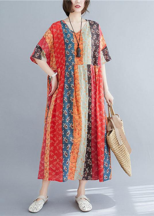 Natural ColorBlock Print O-Neck Summer Maxi Dresses Half Sleeve - SooLinen
