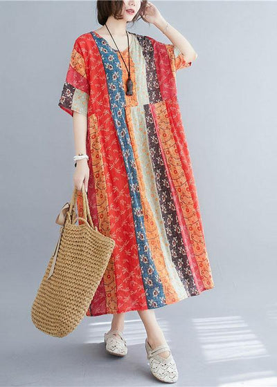 Natural ColorBlock Print O-Neck Summer Maxi Dresses Half Sleeve - SooLinen