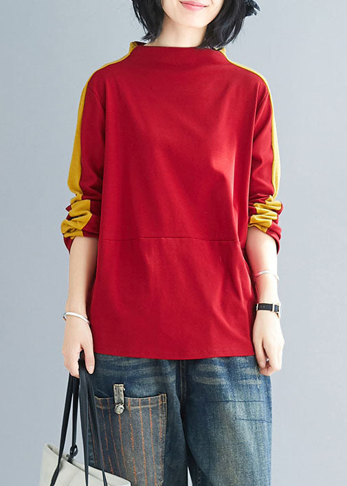Natural Colorblock Stand Collar Oversized Patchwork Cotton Tops Spring
