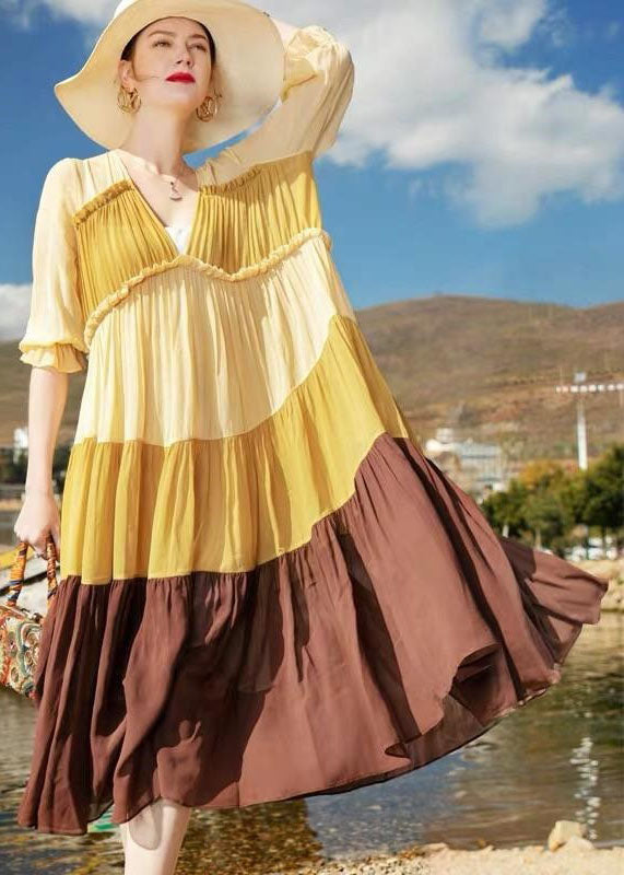 Natural Colorblock V Neck Wrinkled Patchwork Chiffon Dresses Summer