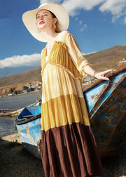 Natural Colorblock V Neck Wrinkled Patchwork Chiffon Dresses Summer