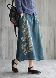 Natural Dark Blue pockets Embroidered Cotton denim Skirts Spring