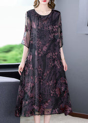 Natural Dark Purple O Neck Print Patchwork Silk Dress Summer