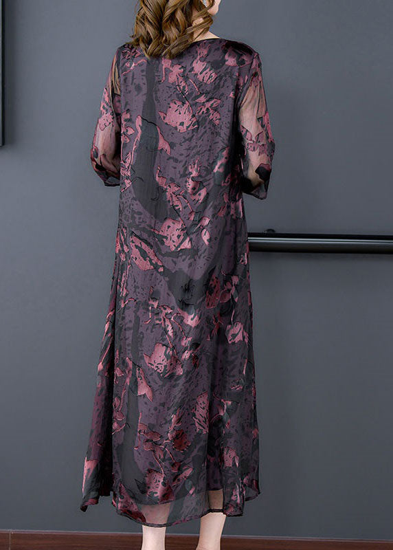 Natural Dark Purple O Neck Print Patchwork Silk Dress Summer