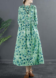 Natural Drawstring Dresses Photography Green Print A Line Dress - SooLinen