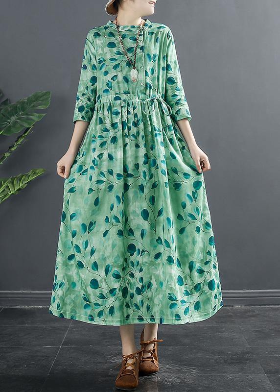 Natural Drawstring Dresses Photography Green Print A Line Dress - SooLinen