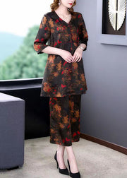 Natural Floral V Neck Print Tops And Pants Silk 2 Piece Outfit Summer