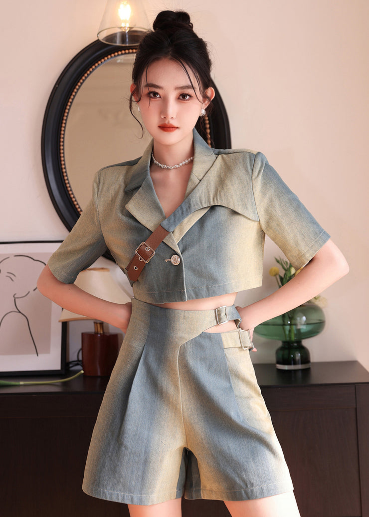 Natural Gradient Color Asymmetrical Denim Tops And Shorts 2 Piece Outfit Summer