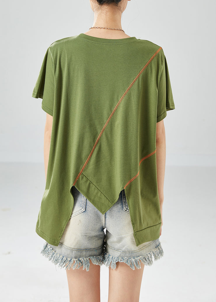 Natural Green Asymmetrical Design Print Cotton Tank Tops Summer
