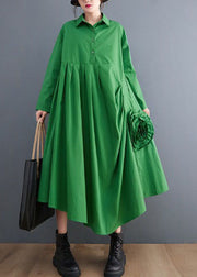 Natural Green Asymmetrical Floral Cotton shirts Dress Spring