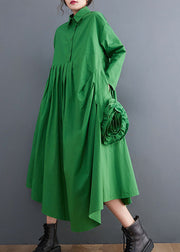 Natural Green Asymmetrical Floral Cotton shirts Dress Spring