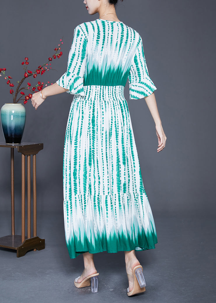Natural Green Cinched Print Cotton Party Dress Flare Sleeve