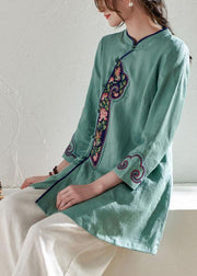 Natural Green Embroideried Button Spring Summer Linen Tops - SooLinen