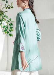 Natural Green Embroideried Button Spring Summer Linen Tops - SooLinen