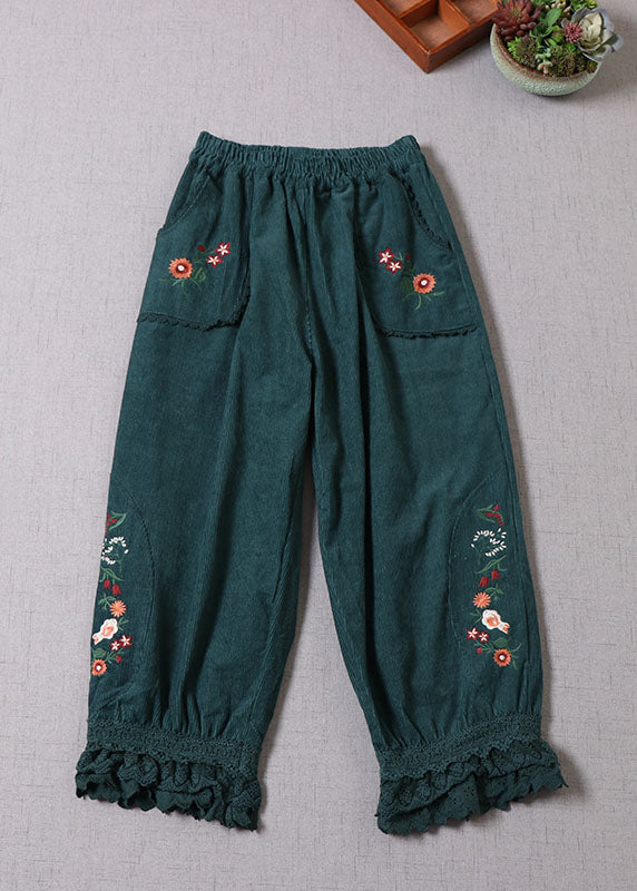 Natural Green Embroidered Lace Patchwork Corduroy Pants Winter